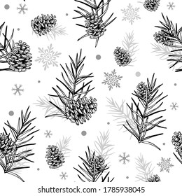 Cones and Christmas tree. Seamless botanical hand drawn vector background. Ideal for greeting cards, backgrounds, holiday decor, fabric and phone case.