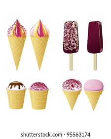 Cones and cups with ice cream and popsicle are shown in the picture.