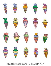 Cones for the first day of school. Tradition in Germany for children. Hand style. Vector drawing. Collection of design elements.