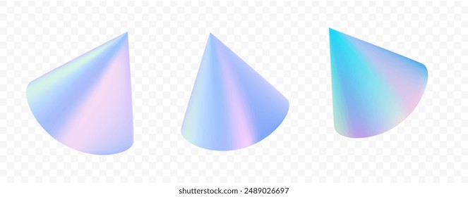 Cones of holographic foil 3d realistic illustration set. Iridescent metallic coating on floating details on transparent background. Rainbow elements