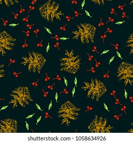 cones leaves and berries seamless pattern, EPS 8