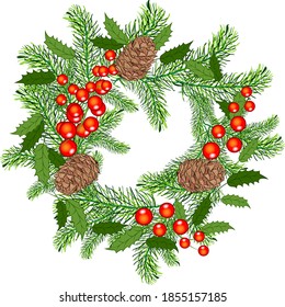 cones, pine branches, Holly berries, gathered in a wreath, vector illustration, happy Christmas