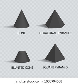 Cones and pyramids set, black prisms, color banner isolated on transparent backdrop, hexagonal and square pyramids, blunted cone vector illustration