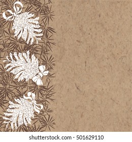 Cones with ribbon and conifer texture. Hand-drawn vector background with space for text on kraft paper.
