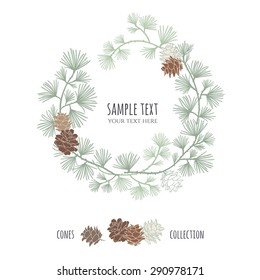 Cones set. Frame wreath. Larch branches with cones. Invitation card. Wedding invitation. greeting card. Pine decorative elements for your design. Vector illustration.