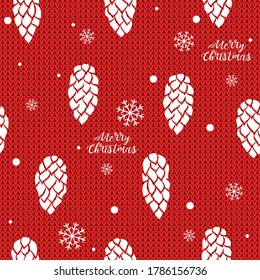Cones and snowflakes on knitted background. Seamless hand drawn vector background. Ideal for greeting cards, backgrounds, holiday decor, fabric and phone case.