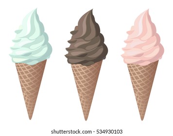 Cones strawberry mint chocolate ice cream. Vector illustration