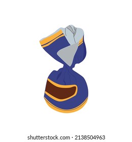 A cone-shaped chocolate candy in a purple wrapper close-up, highlighted on a white background. Vector illustration of EPS10.