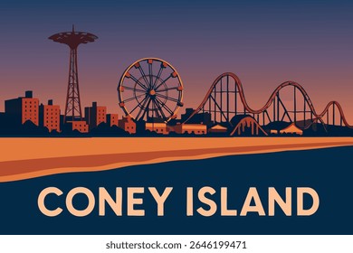 Coney Island comes alive with summer fun at sunset, as the colorful amusement park rides cast their glow against the setting sun