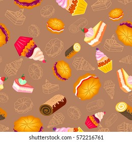 Confection, bakery products. Pieces of cream cake, cupcakes, sweet roll, cookies. Seamless pattern