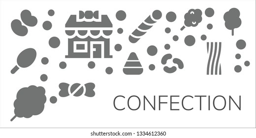 confection icon set. 11 filled confection icons.  Collection Of - Jelly beans, Candy shop, Cotton candy, Candy corn, Stick Liquorice