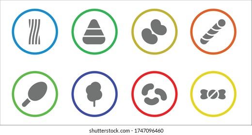 confection icon set. 8 filled confection icons. Included Liquorice, Cotton candy, Candy corn, Jelly beans, Stick candy, shop icons
