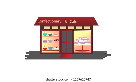 Confectionari & cafe concept flat illustration. Show glass with cakes and lights. Red door and red roof. White background. Cartoony sweet shop environment. Restaurant bussiness  vector illustration.