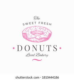 Confectionary Abstract Sign, Symbol or Logo Template. Hand Drawn Sweet Donut and Typography. Local Bakery Vector Emblem Concept. Isolated.