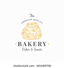 Confectionary Abstract Sign, Symbol or Logo Template. Hand Drawn Cake Sketch Illustration with Typography. Local Bakery Vector Emblem Concept. Isolated.