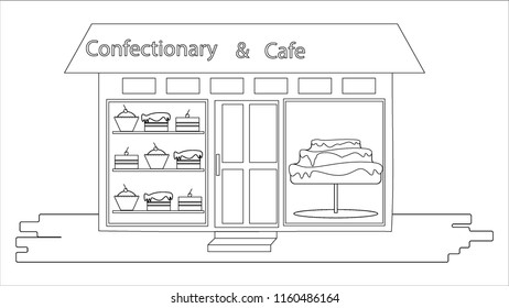 Confectionary adult coloring book page with show glass and cakes. Print and colour by yourself.