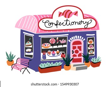 Confectionary building candy shop. Storefront with cakes, lollypops, pies on plates. Different sweet dessert selling in store window. Colorful exterior, bench and flowerpots. Vector flat illustration