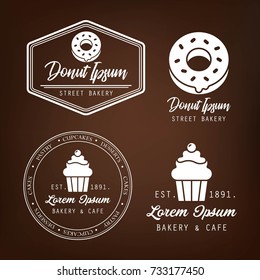 Confectionary, cake shop, bakery logo type vector layout, template set with doughnut and cupcake.