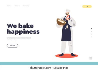 Confectionary catering service for festive event landing page with male confectioner making dough or cream in bowl mixing ingredients for bakery or dessert. Flat vector illustration