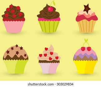 Confectionary collection of mouth-watering cupcakes on a yellow background. Vector