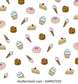 Confectionary and deserts colorful doodle pattern. Sweet products icons with cake, doughnut, cupcake, biscuit.