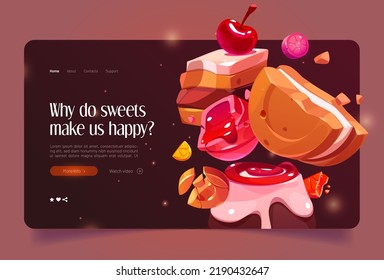 Confectionary landing page template. Cartoon illustration of colorful desserts, cake, cookie, candy and fruits on appetizing chocolate background. Sweet food production business banner, vector