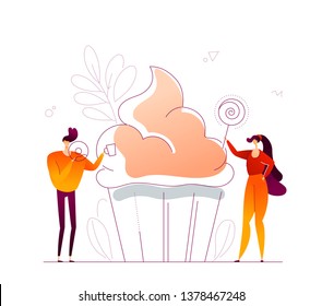 Confectionary - modern flat design style colorful illustration on white background. An unusual composition with a man and woman standing at a big cupcake, eating donut, lollipop, drinking coffee