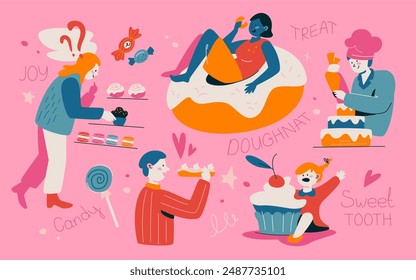 Confectionary - modern flat design style illustration on pink background. Images of cake, cupcakes, doughnuts, candies and characters, customers and baker. Cafe menu idea