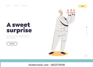 Confectionary order service landing page with male confectioner holding tray with cupcakes or muffins decorated with fresh berries for holiday event. Cartoon vector illustration