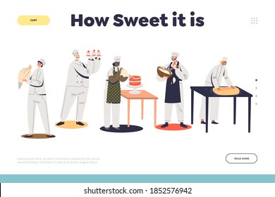 Confectionary service for festive events landing page with group professional confectioners cooking and decorating cakes and for dessers. Cartoon flat vector illustration