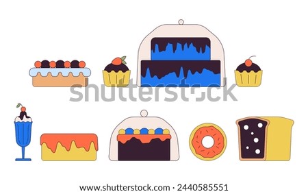 Confectionary store products 2D linear cartoon objects set. Delicious cakes isolated line vector elements white background. Desserts making small business color flat spot illustration collection