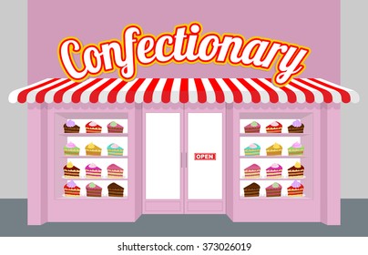 Confectionary. Storefront with cakes. Pieces of cake on a plate. Sweet dessert sold in store window. Pretty pink building shop of sweets.
