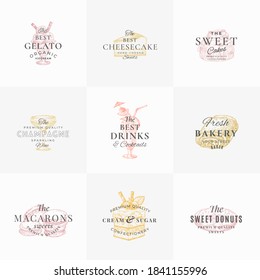 Confectionary Sweets and Drinks Abstract Signs, Symbols or Logo Templates Collection. Hand Drawn Ice Cream, Donut and Cakes with Typography. Local Bakery Vector Emblems Concepts Set. Isolated.