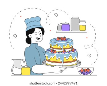 Confectioner with cake simple. Woman in cooks hat and apron with dessert and delicacy. Homemade pastry and bakery with berries. Doodle flat vector illustration isolated on white background