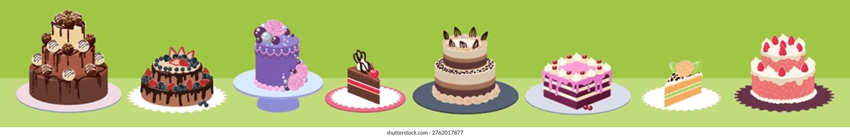 Confectioner cake. Wedding bakery. Party food on birthday. Cartoon jelly for celebration. Pastry cooking assortment menu on plate. Cream menu for anniversary. Vector sweet dessert isolated elements
