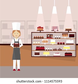 Confectioner with cakes. Vector illustration.