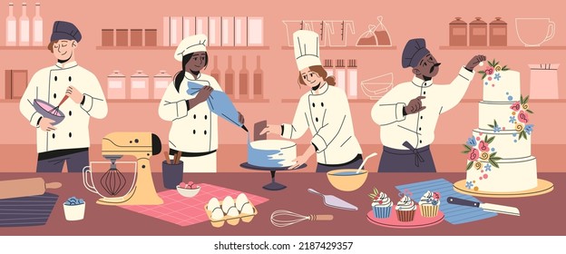 Confectioner characters. Cakes and pastries making process, funny chefs decorate sweets, professional cookers work, men and women in aprons on kitchen, tidy vector cartoon flat concept