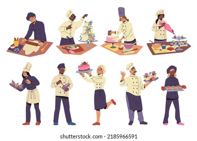 Confectioner characters. Professional chefs and confectioners, people in uniform with baking accessories, men and women make cakes, tasty pastries and cookies, tidy vector cartoon flat set