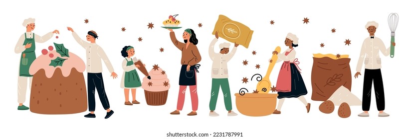 Confectioner characters. Sweets and desserts makers. People in hats and uniforms. Cookers with ingredients. Persons cooking cakes and muffins. Dough confectioneries