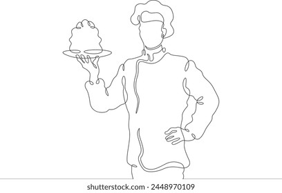 Confectioner chef with cake. Cook with cake on a platter. The pastry chef carries the pie. One continuous line . Line art. Minimal single line.White background. One line drawing.
