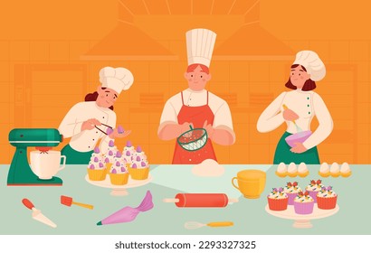 Composición de cocinero pastelero con personajes de cocinero de estilo caricaturista haciendo cupcakes a partir de harina y masa vectorial