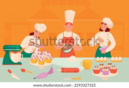 Confectioner chef composition with team of cartoon style cook characters making cupcakes from flour and dough vector illustration