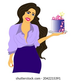 confectioner chef girl holds her cake in her hands. brunette in shirt shows birthday cake. Blue cake. Blogger about food. No to diets. Vector. Bakery products.