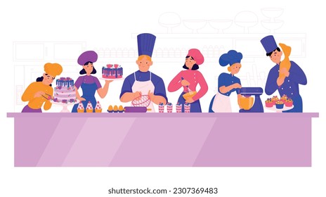 Composición de cocineros pastores con vista frontal de mesa larga con personajes de cocineros con varios dulces ilustraciones vectoriales