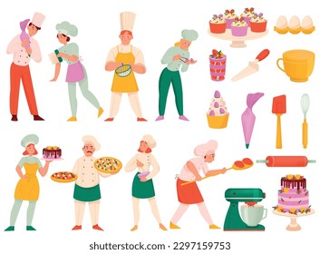 Confectioner chefs cookers set of isolated icons with cupcakes whisk brooms eggs mixers and cook characters vector illustration