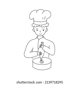 Confectioner in a chef's uniform decorates the cake. For the bakery, advertising, website. Vector illustration.