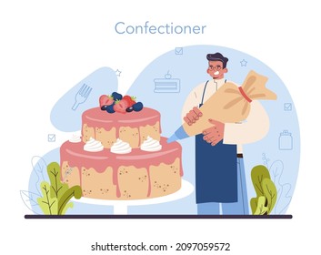 Confectioner concept. Professional confectioner chef making different sweets. Baker cooking a cake for holiday or celebration, cupcakes with frosting and candies. Flat vector illustration