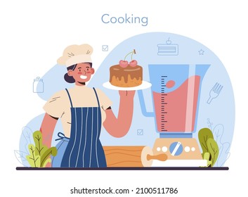 Confectioner concept. Professional confectioner chef making different sweets. Baker cooking a cake for holiday or celebration, cupcakes with frosting and candies. Flat vector illustration