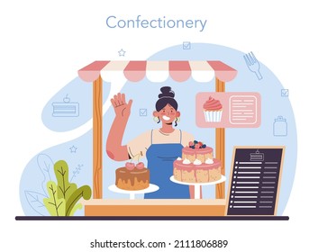 Concepto de pastelería. Chef profesional de pastelería haciendo diferentes dulces. El panadero prepara un pastel para las vacaciones o la celebración, bizcochos con helados y caramelos. Ilustración vectorial plana
