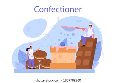 Confectioner concept. Professional confectioner chef. Sweet baker cooking pie for holiday, cupcake, chocolate brownie. Isolated flat vector illustration